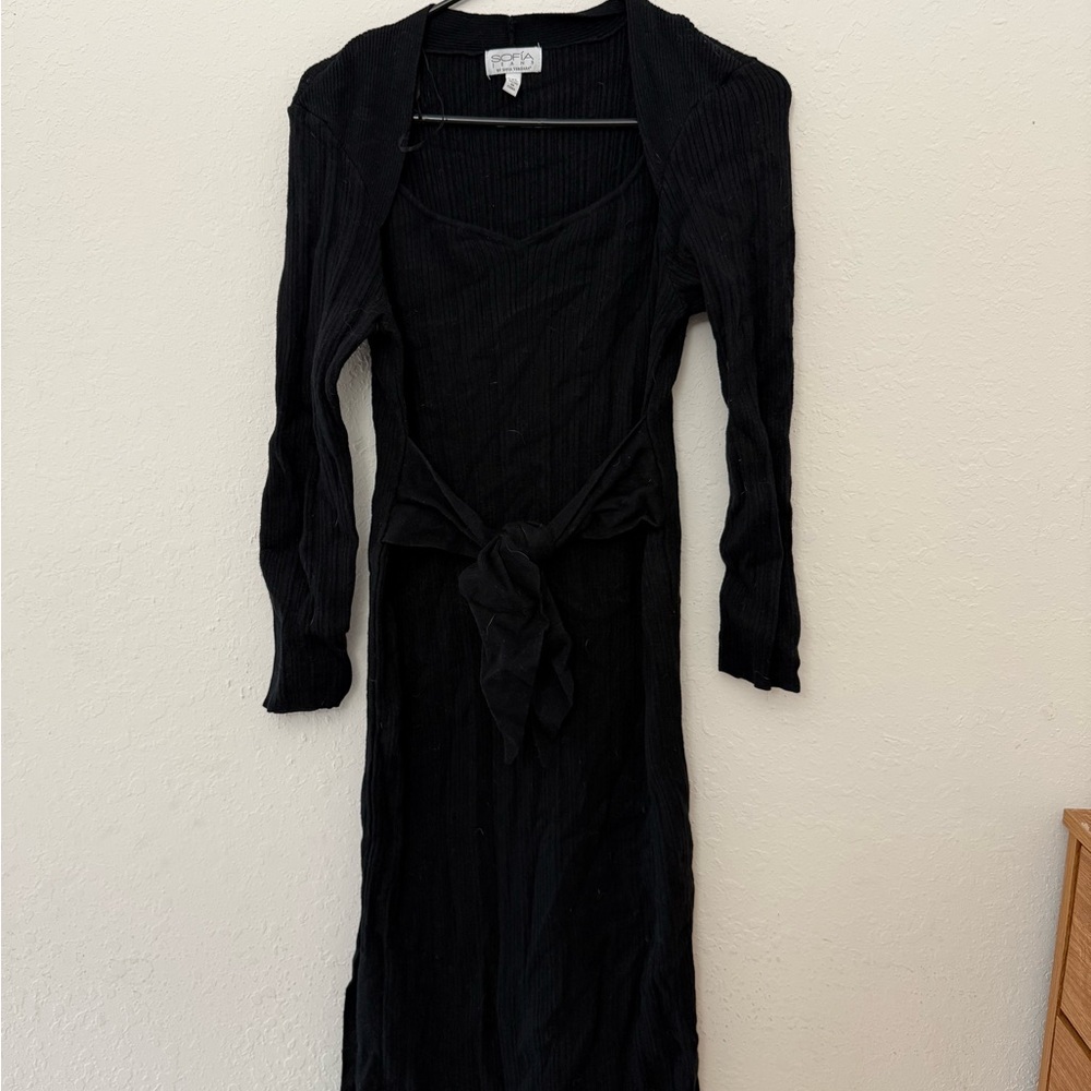 sofia by sofia vergara Black Ribbed Tie-Waist Long Sleeve Dress